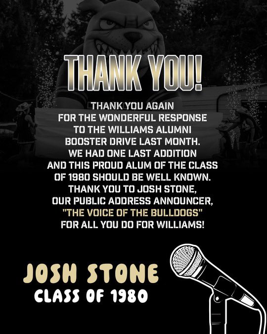 Williams Football (@whsbulldogsfb) on Twitter photo The man, the myth, the legend…our very own Josh Stone. Josh, we appreciate everything you have done and continue to do for Williams High School! Thank you! <a href="/DawgAthletics/">Williams Athletics</a> <a href="/dawgs_bite/">WWHS Student Section</a> <a href="/WHSDawgstrong/">WHS Strength and Performance</a> <a href="/WMWHS/">Walter M Williams</a> <a href="/BoosterWilliams/">WilliamsAthleticBoosterClub</a> The man, the myth, the legend…our very own Josh Stone. Josh, we appreciate everything you have done and continue to do for Williams High School! Thank you! <a href="/DawgAthletics/">Williams Athletics</a> <a href="/dawgs_bite/">WWHS Student Section</a> <a href="/WHSDawgstrong/">WHS Strength and Performance</a> <a href="/WMWHS/">Walter M Williams</a> <a href="/BoosterWilliams/">WilliamsAthleticBoosterClub</a>