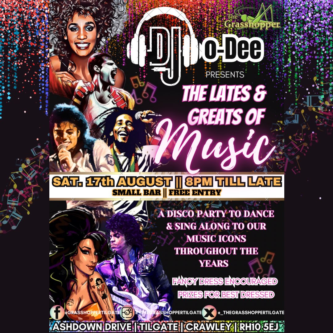 HoppersTilgate's tweet image. 🎶 THE LATES &amp;amp; GREATS OF MUSIC 🎶
                      with DJ o-Dee

  SATURDAY 17TH AUGUST || 8PM - LATE
                   Small Bar || Free Entry

⭐️🪩 Fancy Dress Encouraged
💫💃🏽 Prizes For Best Dressed 

#residentdj #dj #music #saturdaynight  #thegrasshoppertilgate
