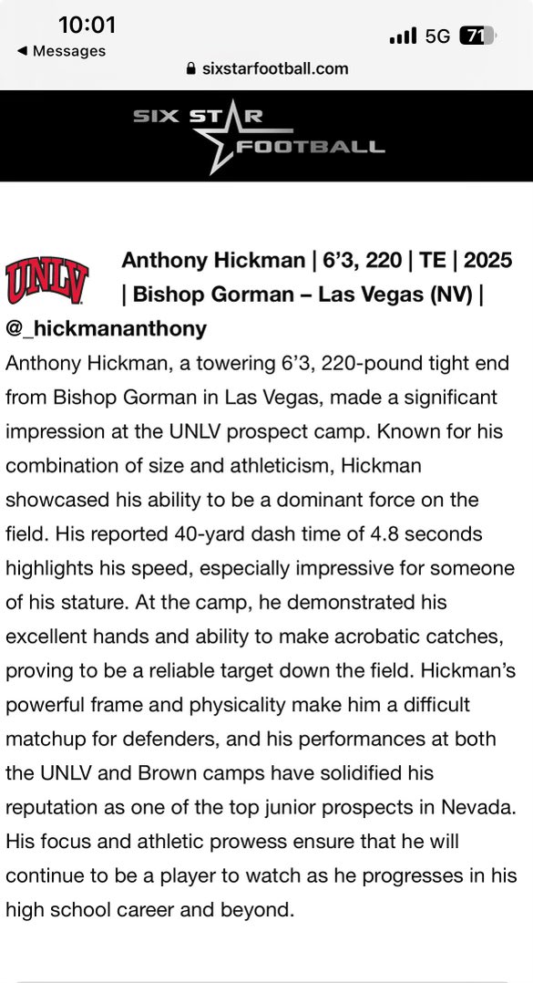 _hickmananthony's tweet photo. Thank you @sixstarfootball for these write ups. I had a great time at these camps. 

I’m committed to getting better everyday and will continue to trust God’s plan and His timeline‼️‼️

@BishopGormanFB @BrownU_Football @Coach_RMattison @unlvfootball @mrlongshore @BlairAngulo @702HSFB @adamgorney @ChadSimmons_ @On3Recruits @BrandonHuffman @GregBiggins #AO1 @bigfam94 @CoachSumlerSDSU @CoachPotter73 @Cinjun_Erskine