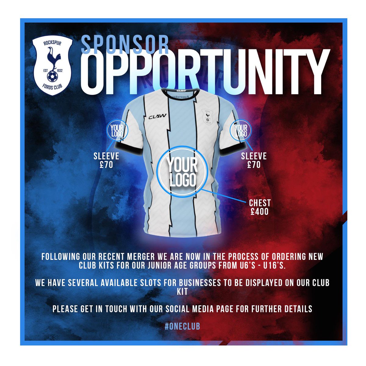 Following our recent merger we are now in the process of ordering new club kits for our junior age groups from U6’s - U16’s.

We have slots for businesses to be displayed on our club kit

Chest £400
Sleeve £70 each
Back of top £70

Please get in touch for further details

🩵