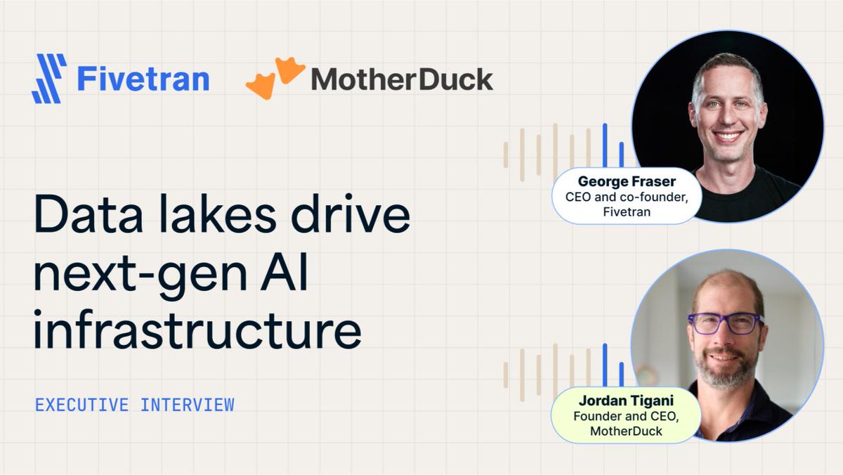 motherduck's tweet photo. Save the date: On Tuesday, 7/23, Join @fivetran CEO @frasergeorgew and MotherDuck CEO @jrdntgn for a discussion on the evolution of data systems and architecture beyond Big Data.

Your modern laptop is more powerful than a state-of-the-art cloud data warehouse.

Building AI demands a new kind of infrastructure centered on data lakes and lakehouses, with intuitive, local-first data processing and analytics workflows at the heart of reducing our reliance on the cloud.

Don't miss it!
https://t.co/D5cwhQQnj2