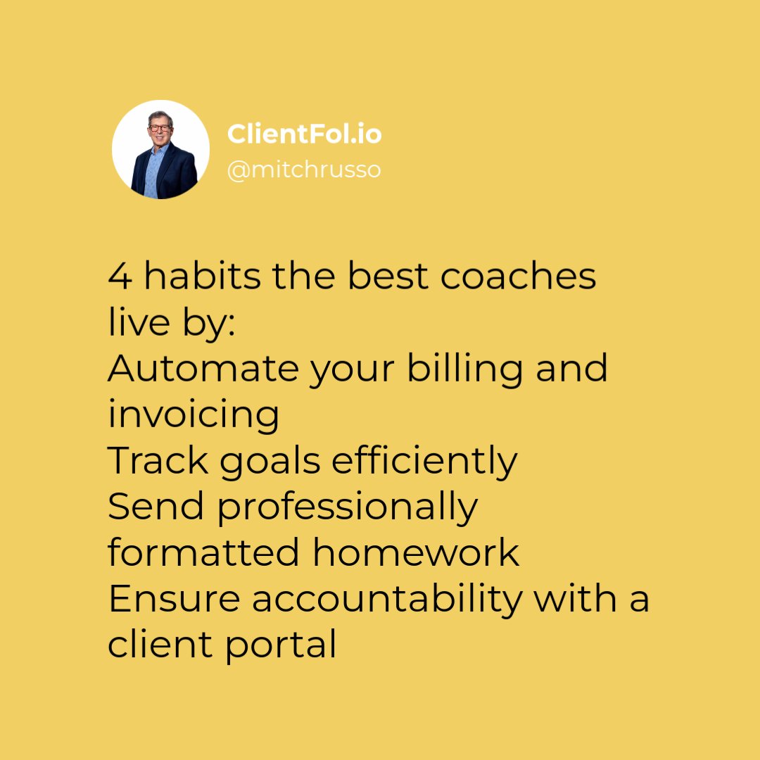 mitchrusso's tweet image. Greatness is a daily choice. ✨ Doing all your billing and invoicing right inside ClientFolio streamlines your coaching process and ensures you get paid. 💼 Want to check it out? GetClientfolio.com and see for yourself! #CoachingSuccess #EfficiencyMatters #GoalTracking