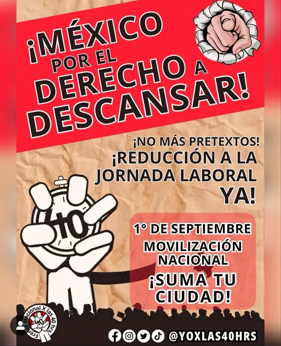 Este 1o de septiembre, hagamos que nos escuchen, nuestro descanso no puede esperar, nuestra dignidad no vale "ponerse la camiseta" en un empleo miserable ¡Basta de injusta y desigualdad!  
¡Ya no hay pretextos para la reducción de la jornada laboral y otras reformas laborales!