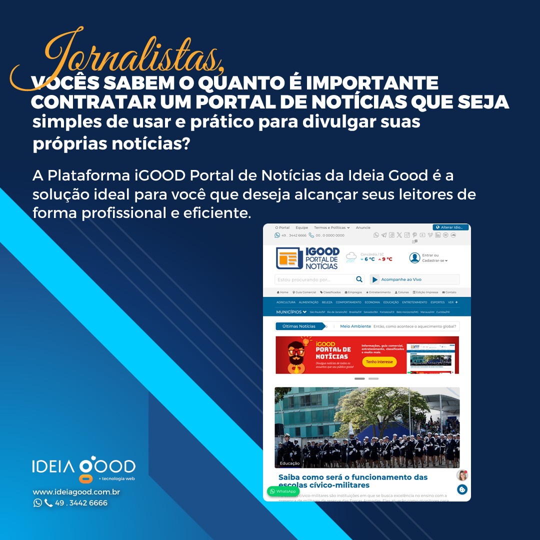 ideiagood's tweet image. Jornalistas, simplifiquem a divulgação de suas notícias com o iGOOD  Portal de Notícias da Ideia Good! Monetize com espaços de banners, um  layout responsivo e use o PWA para uma experiência de app prática para  seus leitores, transforme sua rotina! #IdeiaGood #JornalismoDigital