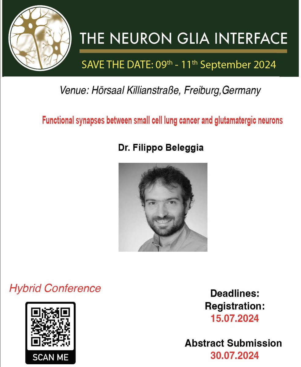 Vis a Vis in the Brain: The Neuron-Glia Interface (@ngifreiburg) on Twitter photo Excited to announce Dr. Filippo Beleggia will present on the intriguing interaction between small cell lung cancer and glutamatergic neurons at The Neuron Glia Interface! Join us in Freiburg on Sept 9-11, 2024 or tune in online. #cancerneuroscience #NGI2024 <a href="/DTG_Cologne/">Department of Translational Genomics</a> Excited to announce Dr. Filippo Beleggia will present on the intriguing interaction between small cell lung cancer and glutamatergic neurons at The Neuron Glia Interface! Join us in Freiburg on Sept 9-11, 2024 or tune in online. #cancerneuroscience #NGI2024 <a href="/DTG_Cologne/">Department of Translational Genomics</a>