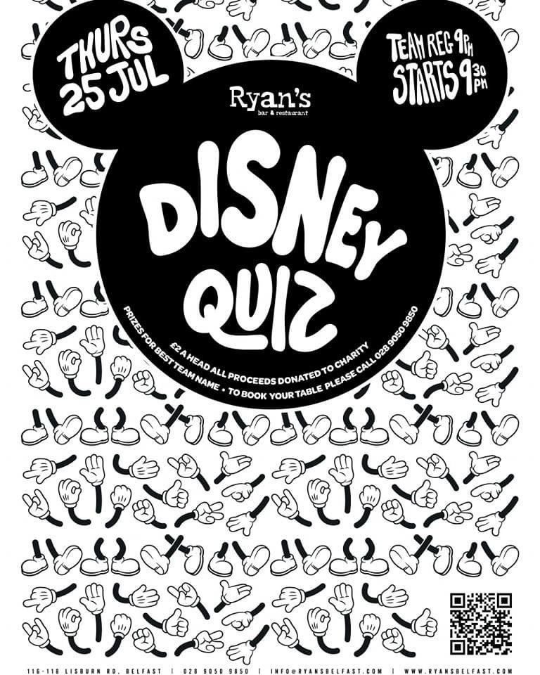 RyansBelfast's tweet photo. DISNEY QUIZ AT RYANS!
A place where all your dreams come true!
Thursday 25th July from 9.30pm https://t.co/bRZhI1AKfr