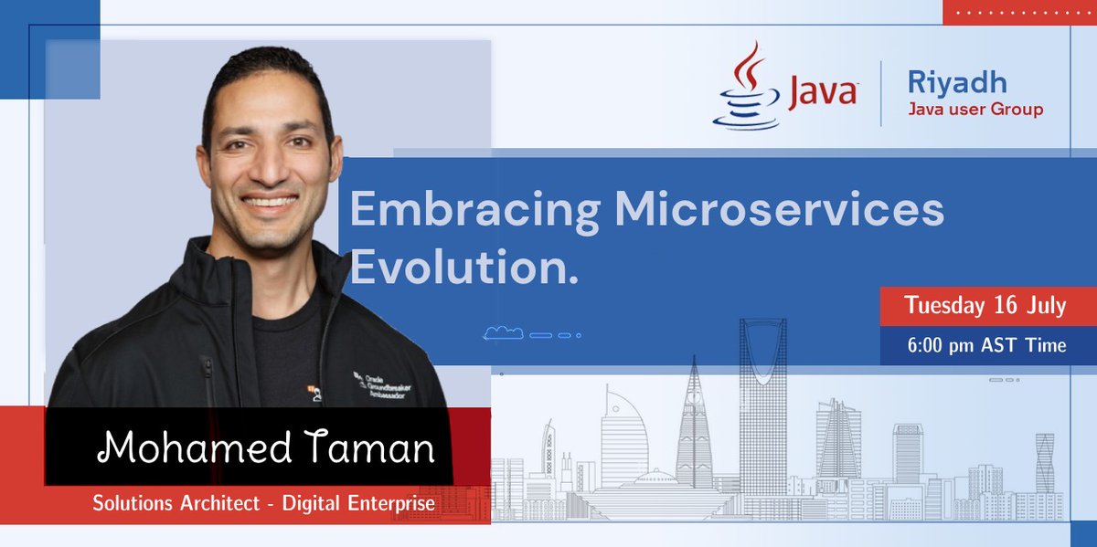 Riyadh Java User Group {JUG} (@riyadhjug) on Twitter photo Unlock your #Monolith → #Microservices journey
Join <a href="/_tamanm/">Mohamed Taman 🇵🇸</a> 's online talk 🎤 on learning about transitioning from monolithic systems to microservices with tactical forking.
🗓 Tue, July 16, 🕢 6:00 PM AST
🌐 Register now: buff.ly/3xSKCiW
#Java Unlock your #Monolith → #Microservices journey
Join <a href="/_tamanm/">Mohamed Taman 🇵🇸</a> 's online talk 🎤 on learning about transitioning from monolithic systems to microservices with tactical forking.
🗓 Tue, July 16, 🕢 6:00 PM AST
🌐 Register now: buff.ly/3xSKCiW
#Java