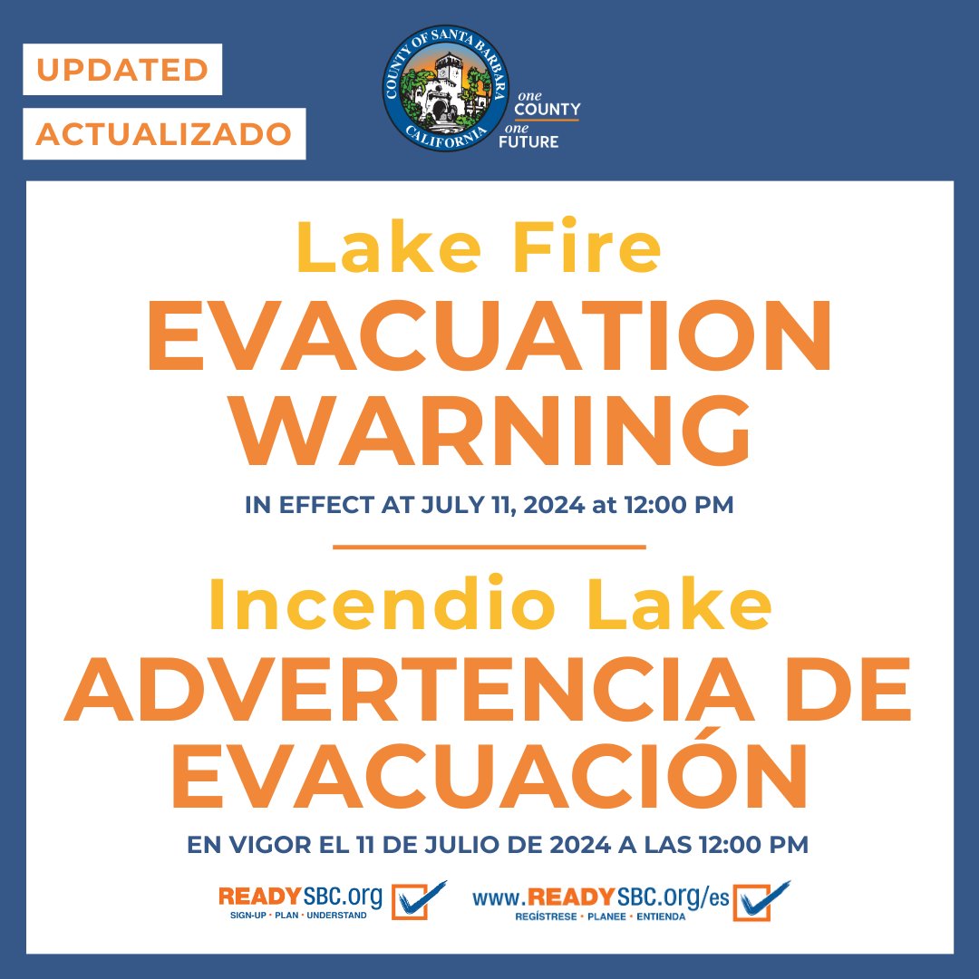 countyofsb's tweet photo. Effective July 11, 12PM The Sheriff's Office has issued new EVACUATION ORDER and EVACUATION WARNING due to the Lake Fire. Visit the interactive incident map to view updated warnings: https://t.co/G0MZi856PX #LakeFire #ReadySBC https://t.co/PkwyzPpRXL