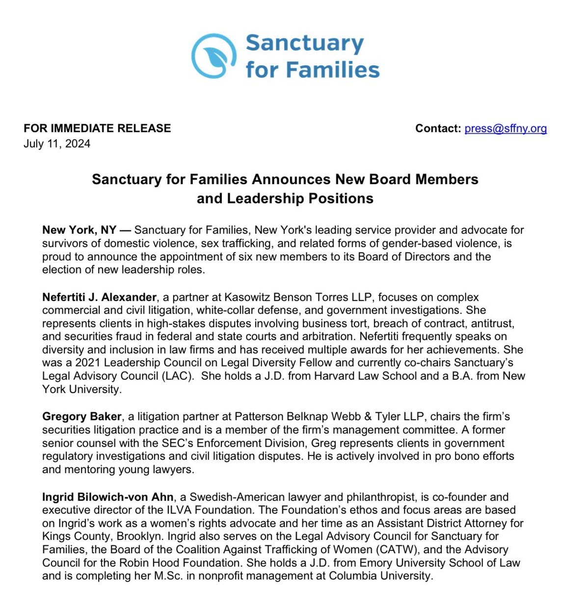 Ingrid von Ahn (@ingrid_vonahn) on Twitter photo Excited to announce that I have joined the board of <a href="/SFFNY/">Sanctuary for Families</a>! Looking forward to supporting their mission to empower and advocate for survivors of domestic violence, human trafficking, and related forms of gender violence. #SanctuaryForFamilies #EndDV #Advocacy Excited to announce that I have joined the board of <a href="/SFFNY/">Sanctuary for Families</a>! Looking forward to supporting their mission to empower and advocate for survivors of domestic violence, human trafficking, and related forms of gender violence. #SanctuaryForFamilies #EndDV #Advocacy