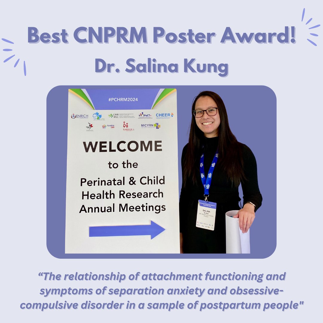 Congratulations to Dr. Salina Kung for winning best poster award at the Canadian National Perinatal Research Meeting earlier last month! Her project is focused on understanding the relationship between perinatal OCD and separation anxiety. Stay tuned for the published results!