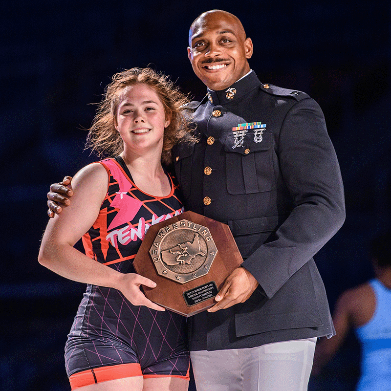 USAWrestling's tweet photo. As presenting sponsors of the 2024 Junior and 16U National Championships in Fargo, North Dakota, the @USMarineCorps will perform the National Anthem, maintain an on-site event presence, host a coaches breakfast, and present awards to each of this year’s national champions.