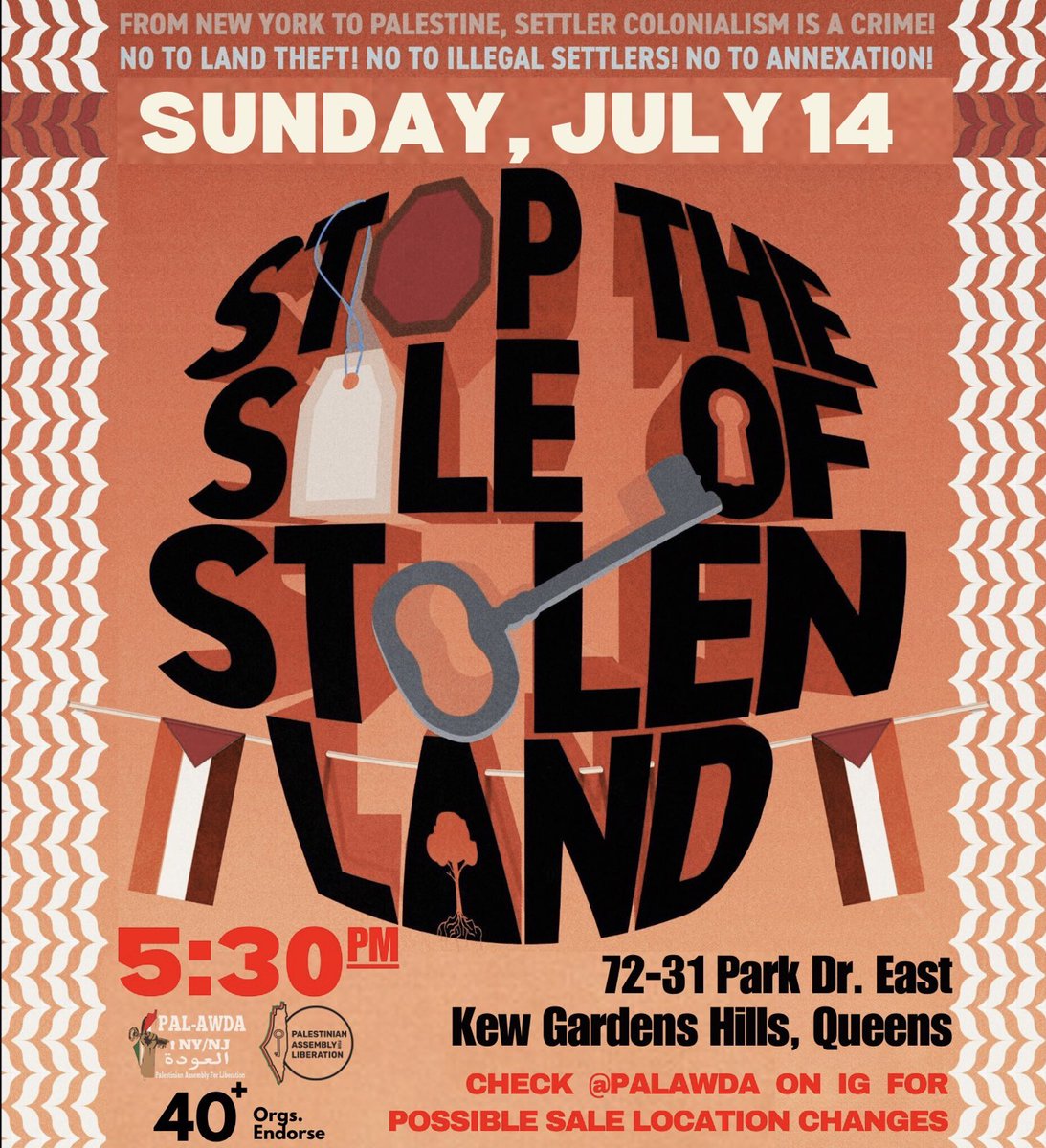 pal_awda's tweet photo. 🧵📢SUNDAY 7/14: PROTEST #STOLENLAND REAL ESTATE SALE in #QUEENS NY
 🗓️SUN. 7/14
📍72-31 Park Dr. East, Kew Garden Hills, Queens
 ⏰5:30 PM
 Check back for updates
Every time these illegal sales are scheduled, we will protest to shut them down!
Until Liberation🇵🇸 &amp; Return⚿ https://t.co/hJHjNYasqT