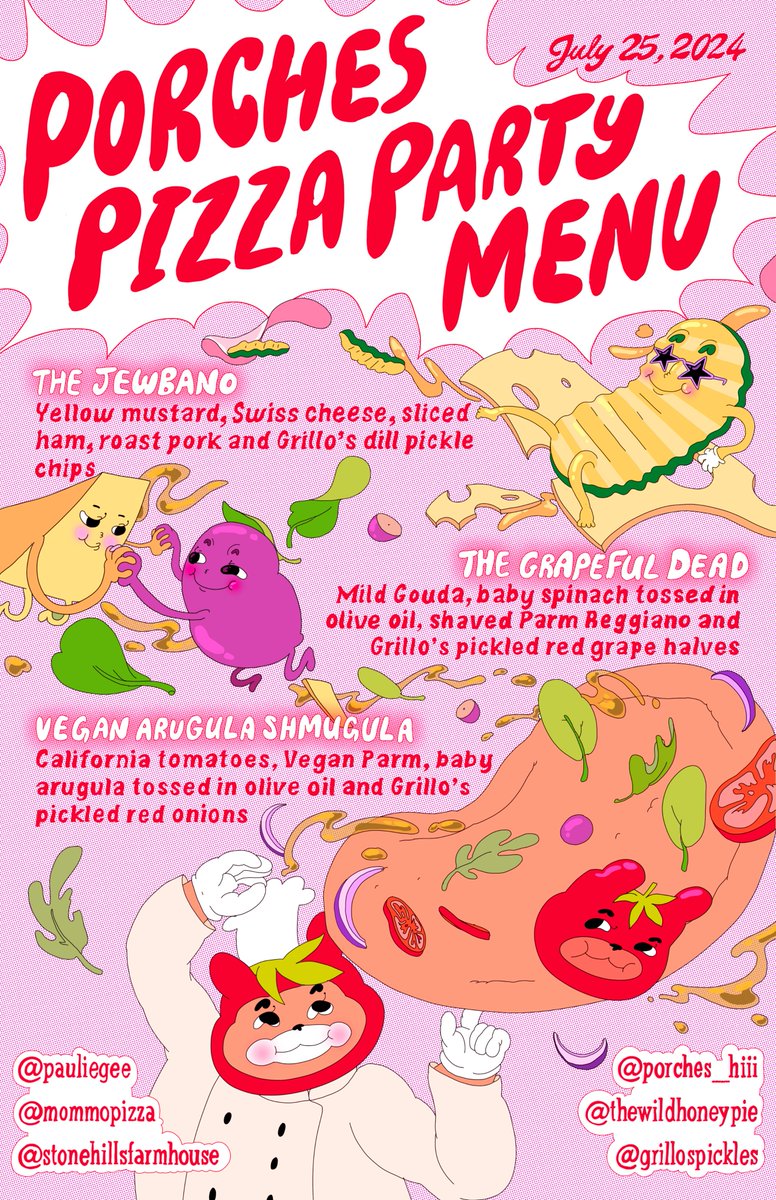 Menu for the <a href="/porches_hiii/">porches</a> Pizza Party! All-Access Passes are sold out but enter to win a free pair here thewildhoneypie.com/submit/porches…