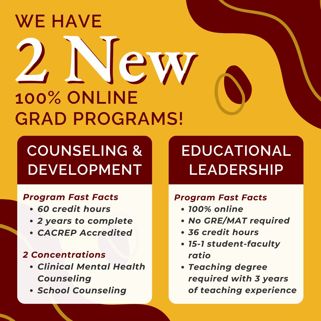 Have you heard? We have 2 new
100% online programs!

Students can now take our M.Ed. in Counseling &amp;
Development and M.Ed. in Educational Leadership
programs in-person or 100% online. 

These online cohorts are accepting applications, so apply today at online.winthrop.edu.