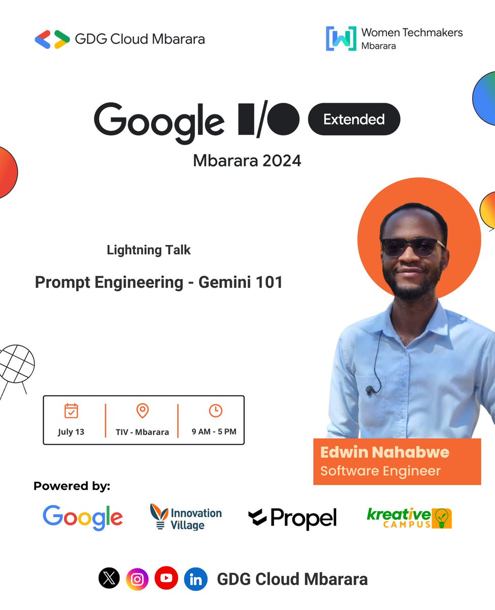 GDGCloudMbarara's tweet photo. 🚨 Speaker #1  

We're excited to announce @theNahabwe as our first speaker at #IOExtendedMbarara this Saturday, July 13! 🥳

Edwin is a software engineer with experience in building mobile and web applications with Python, PHP, and Kotlin.

RSVP here: https://t.co/1gksD7iUlr https://t.co/ALkBuALnmA