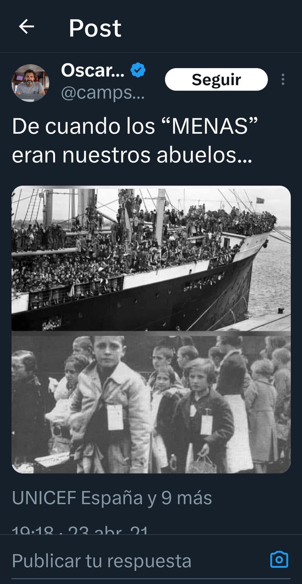 Circula de nuevo este tuit. Esos niños de las fotos fueron enviados por sus padres a Gran Bretaña por miedo a los bombardeos durante la guerra civil española. Fuero, como se ve, identificados y con el placet del país de acogida. Increíble que alguien diga que son como los menas.