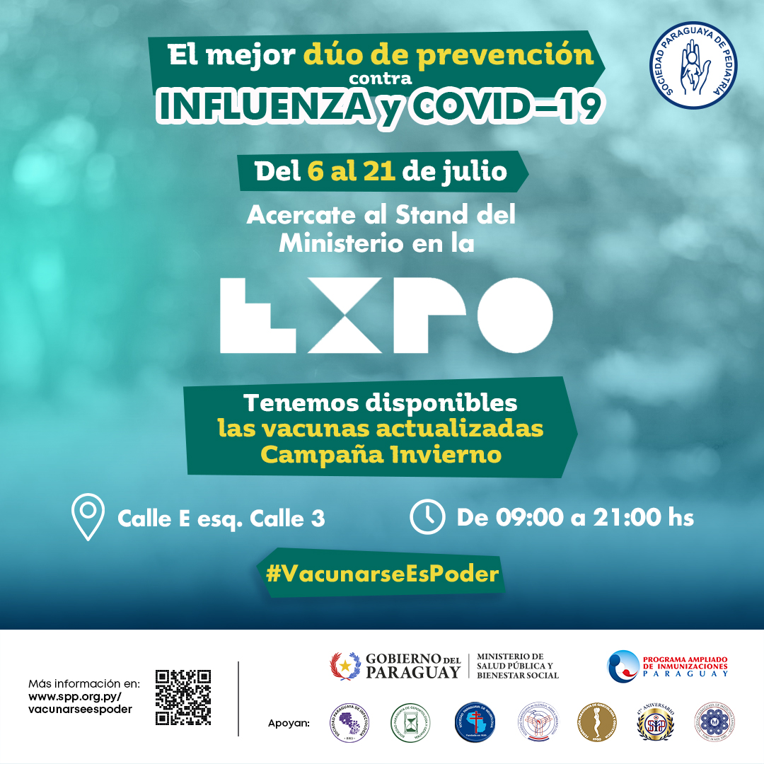 msaludpy's tweet photo. 💉 | Las vacunas te protegen de las enfermedades respiratorias
Encontrá las dosis de #Influenza y #COVID19 en el stand del MSPyBS en la @ExpoMarianoPy
🗓️ Del 06 al 21 de julio, de 09:00 a 21:00
📍 Otros vacunatorios en https://t.co/NLqTkYWSAG
#VacunarseEsPoder https://t.co/khvuMh5nLP