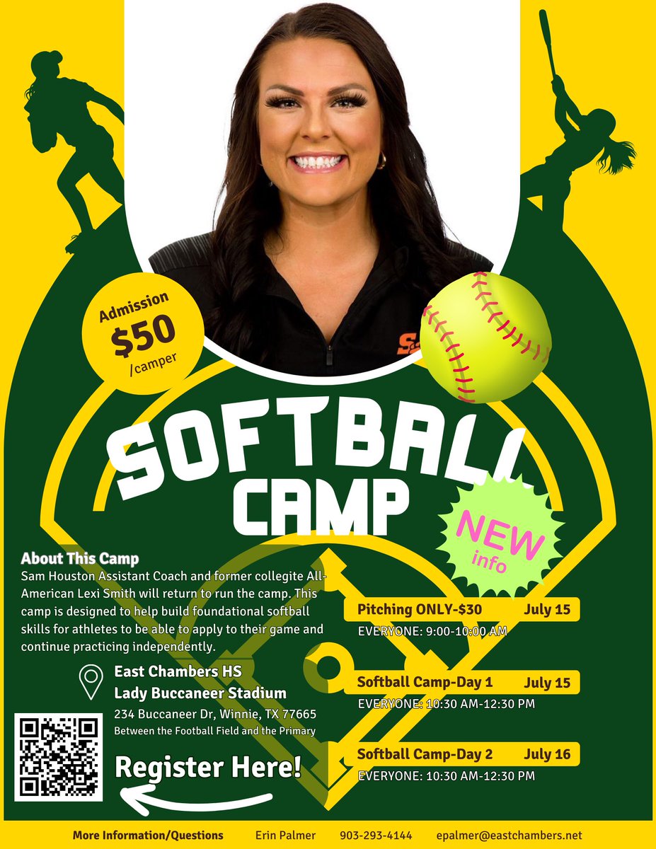 Changes to the Softball Camp schedule: Pitching only will be from 9:00-10:00 AM on Mon. 7/15 and there will be a skills sessions right after that for ALL campers from 10:30-12:30. On Tue. 7/16, we will have the second skills session from 10:30-12:30 for ALL campers.