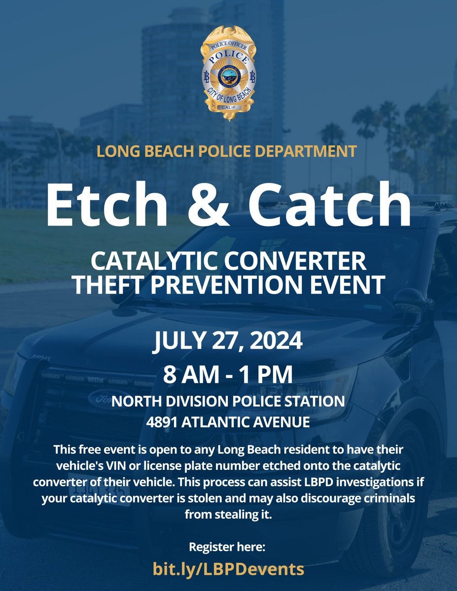 We we will be hosting our next "Etch &amp; Catch" event on July 27th! Register now as we expect spaces to fill fast!    

📆Saturday 7/27/24  
⏰8 a.m. to 1 p.m.  
📍LBPD North Patrol Division - 4891 Atlantic Ave.

To register, click here: bit.ly/LBPDevents
