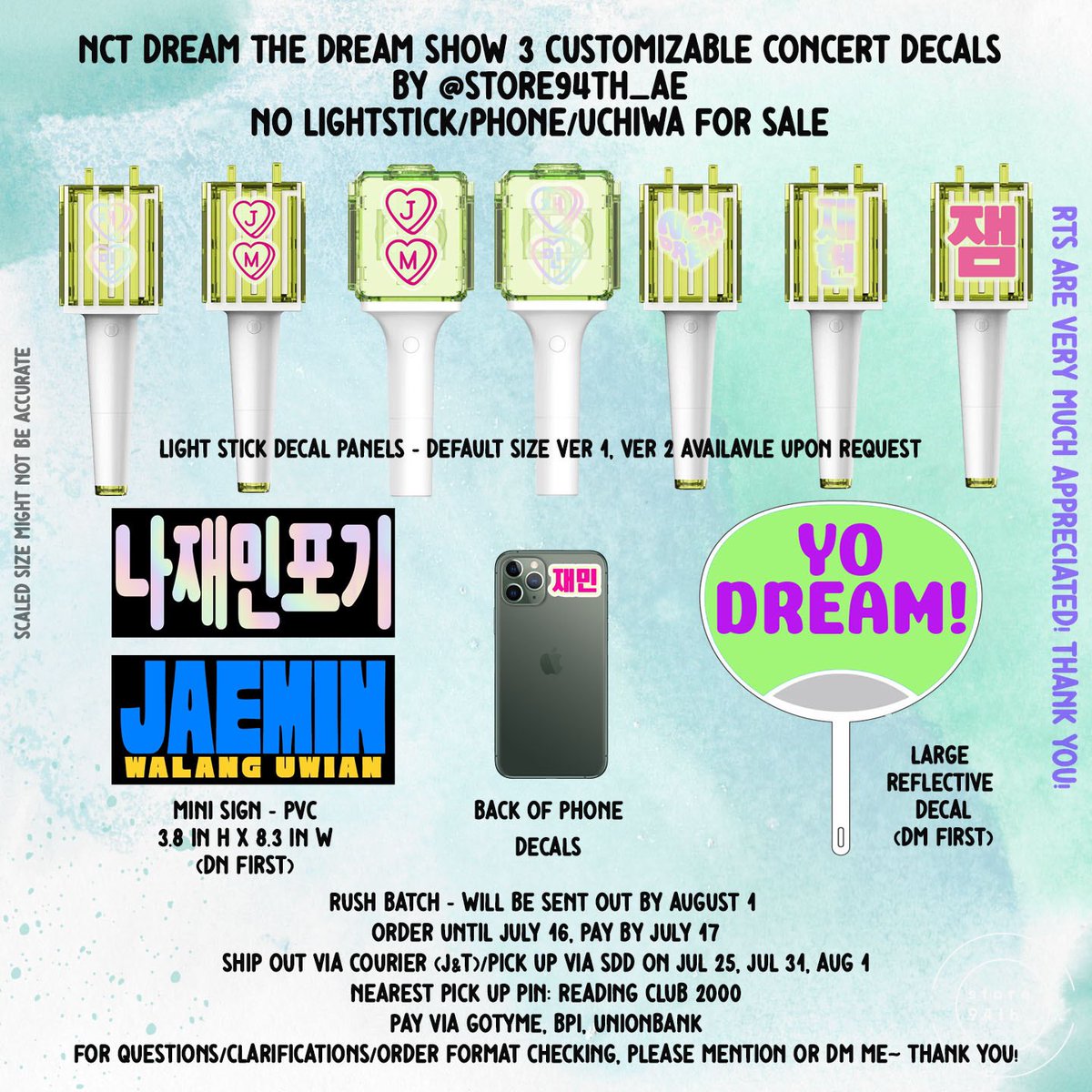 🚨PLS HELP RT🚨

WTS/LFB/MTO

NCT Dream TDS 3 Manila
PRE-ORDER FOR CONCERT DECALS 
lightstick decal panels/large decals

❣️product list: bit.ly/store94th_DPL
❣️OF: bit.ly/store94th_TDS3

order with friends :)

#store94th_decals