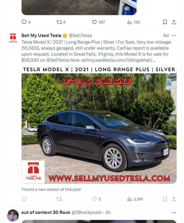 brownforsheriff's tweet photo. Before he took over I was getting targeted ads from like, Toyota. Now it's for individual used Teslas in Virginia. A fuckin ouroborous of business genius https://t.co/rW8UUd7YiT