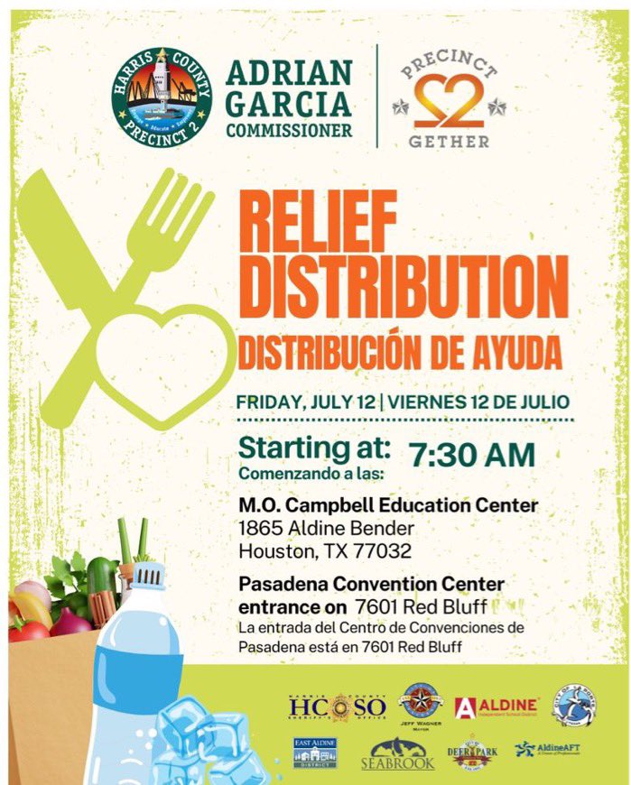 Hill_AISD's tweet photo. Hurricane Beryl Relief Distribution Event will be Friday, July12th at the M.O. Campbell Center. 🚗 🚙 🚗 @AdrianGarciaHTX @AldineISD @Aldine_FACE @AGarcia1135 @HCSOSheriff https://t.co/QuSX6P6g4q