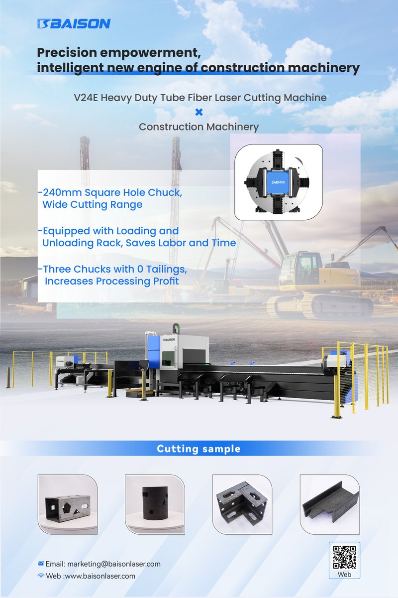 Baison_laser's tweet image. 📷【V24E Heavy Duty Tube Fiber Laser Cutting Machine × Construction Machinery】📷
📷 Say goodbye to manual labor with Baison Laser's V24E Heavy Duty Tube Fiber Laser Cutting Machine，which features loading and unloading rack. Save time, effort, and boost productivity!!#constructi