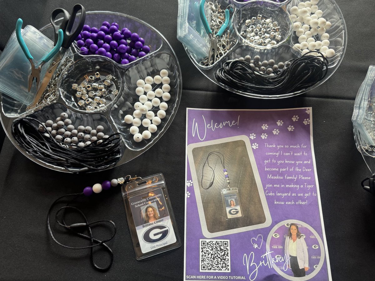 DMPrincipalGCSC's tweet image. The Deer Meadow staff planned the sweetest Meet &amp;amp; Greet @AHandSwizzle! We had awesome desserts and made these cute lanyards in our school colors 💜🤍💜🤍