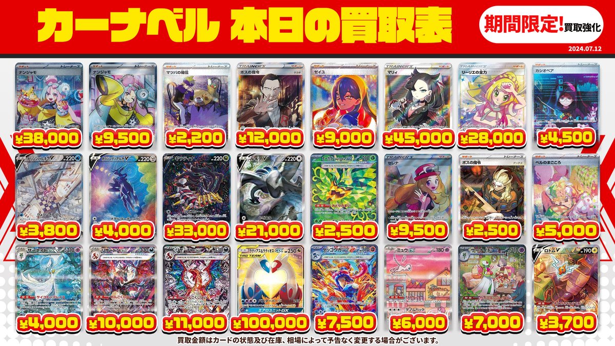 ka_nabell_pcg's tweet photo. ／
#カーナベルの全力買取
＼

買取強化中のカード‼️
もってきて！🙇‍♂️

🔥サーナイトex(SAR/SV1S)￥7,000🔥
🔥コイキング(AR)￥2,200🔥

抽選で3名様に #シャイニートレジャーex プレゼント🎁

✅参加方法
①@ka_nabell_pcgをフォロー
②この投稿をRP

📢買取はコチラ
https://t.co/bs4qE1lnR4

#ポケカ https://t.co/2hmSGEs1kv