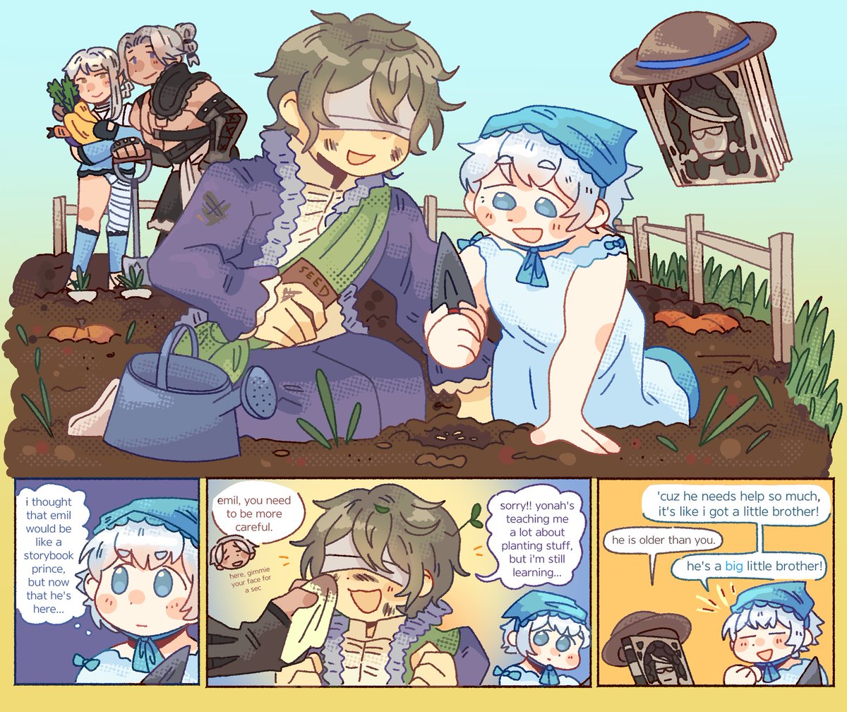 inkopolis's tweet photo. [nier] happy #drakenierexchange2024 !! my piece for  @destroycradle03 is emil having some fun with his good friends :) https://t.co/N2EAMEnpf5
