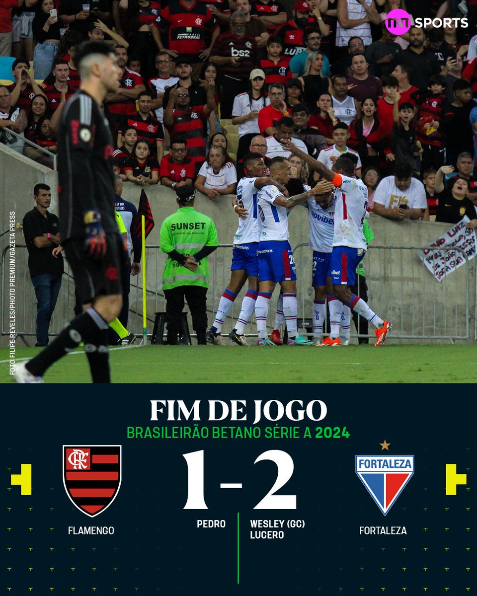TNTSportsBR's tweet photo. QUEM FEZ A FESTA NO MARACANÃ FOI O LEÃO! 🦁🦁 

O Fortaleza tirou o Flamengo da liderança do Brasileirão Betano! #BrasileirãoBetano https://t.co/8nYTgD4rBt