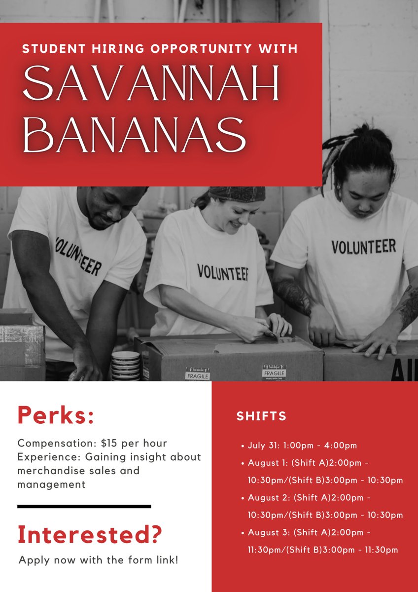 SPAD students! There is a wonderful opportunity to work alongside Savannah Bananas! The Bananas have a mission to be Fans First and Entertain Always, and they would love for you to assist them with their mission! Here is the link to apply: forms.monday.com/forms/57888198…