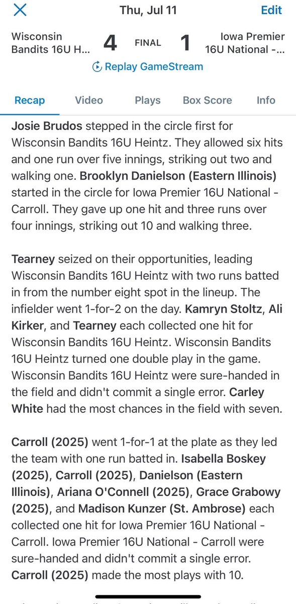 Huge win over Iowa Premier, great team play and battling against a really tough pitcher and a great team.