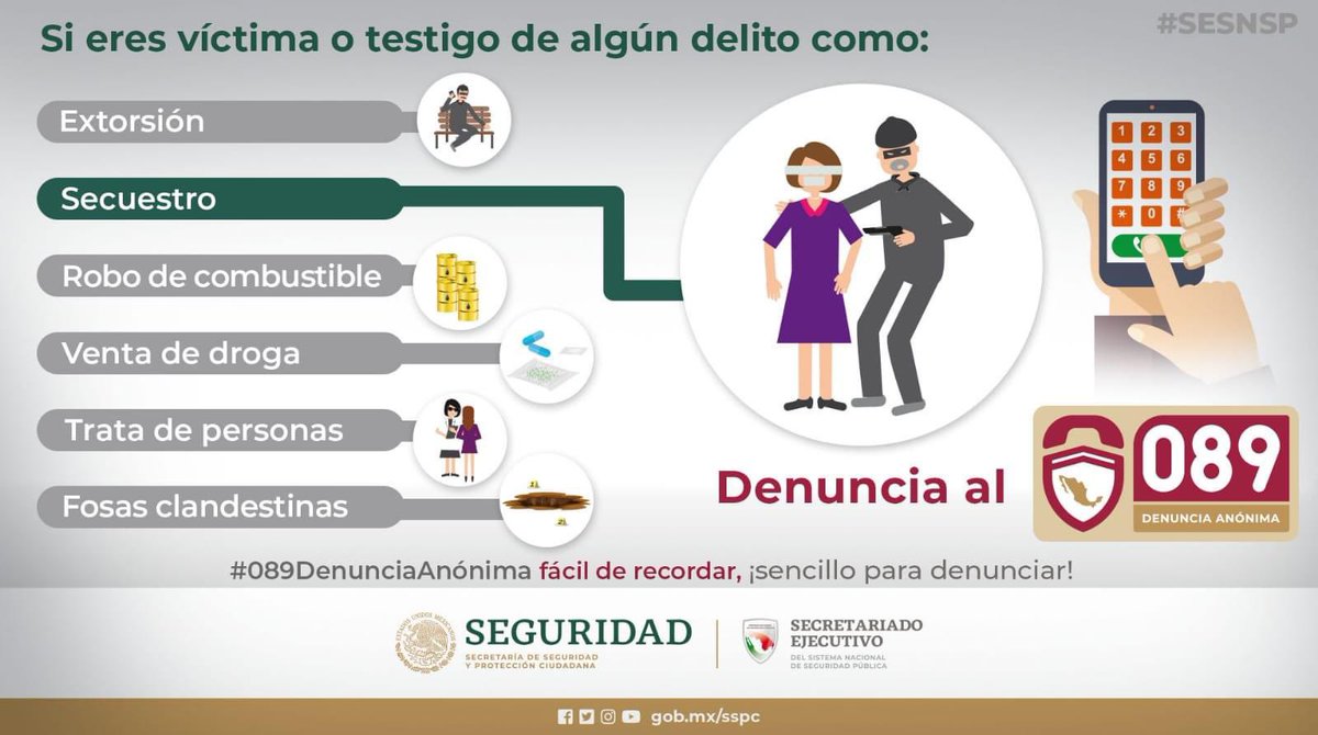 👮🏻Si tienes conocimiento de algún delito que se esté llevando a cabo en tu comunidad, repórtalo a la línea de Denuncia Anónima 089 ☎.

Al hacerlo se da aviso a la autoridad competente para la investigación.

¡Es seguro y confidencial!