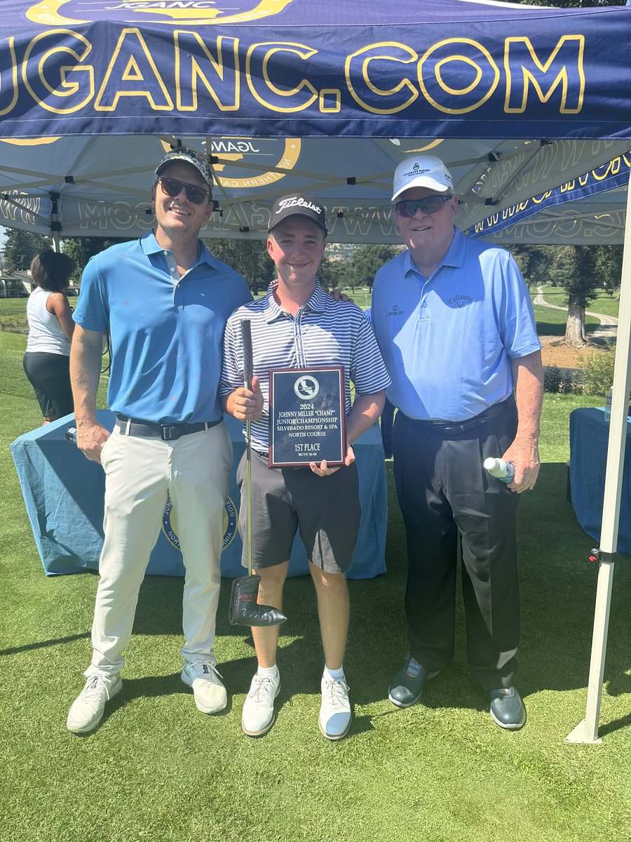 sierraviewcc's tweet photo. Jacob Burnett defends his 2023 title at the 2024 Johnny Miller Championship. Pictured with Jacob is Johnny Miller, his son Andy Miller and Jacob. https://t.co/R7ZSBLUYt4