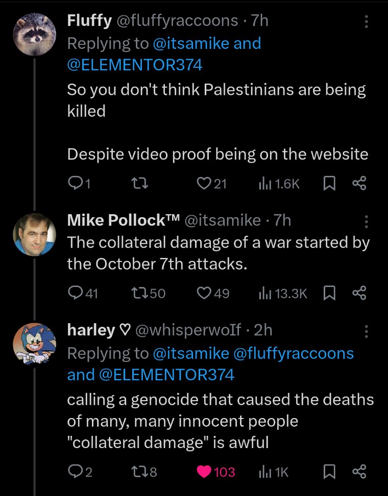 AndTails1's tweet photo. I'm at a loss for words...Mike Pollock claims that it's "propaganda" to argue that the Palestinians are experiencing genocide, even going as far as to refer to the mass killings as "collateral damage". 

No words. His voice work is now stained by his blatant genocide denial. https://t.co/MZ7YE1HIVt