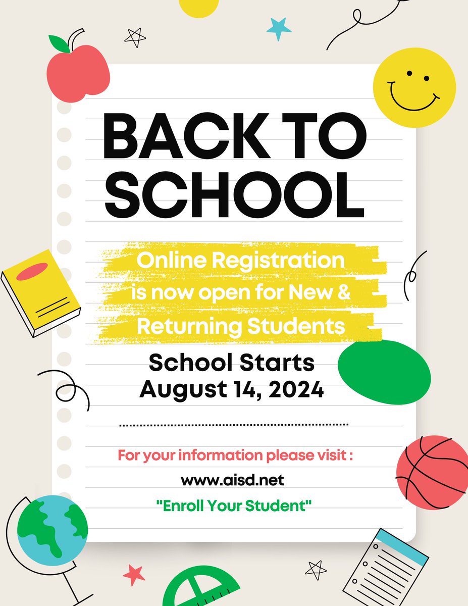 Online Registration is open for New and Returning Students.  Please visit aisd.net to register now for the 2024-2025 school year.