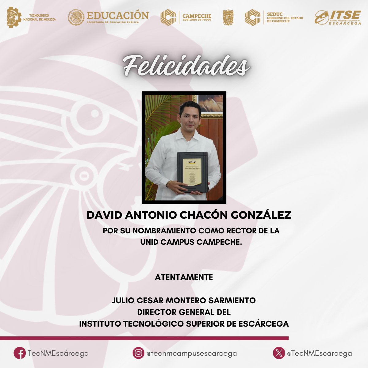 La Comunidad Tecnológica Jaguar felicita a David Antonio Chacón González por su nombramiento como Rector de la UNID Campus Campeche.

Le deseamos mucho éxito.

#SomosJaguares
#TodosSomosTecNM
#TecNMEscárcega
#TecDeTodos