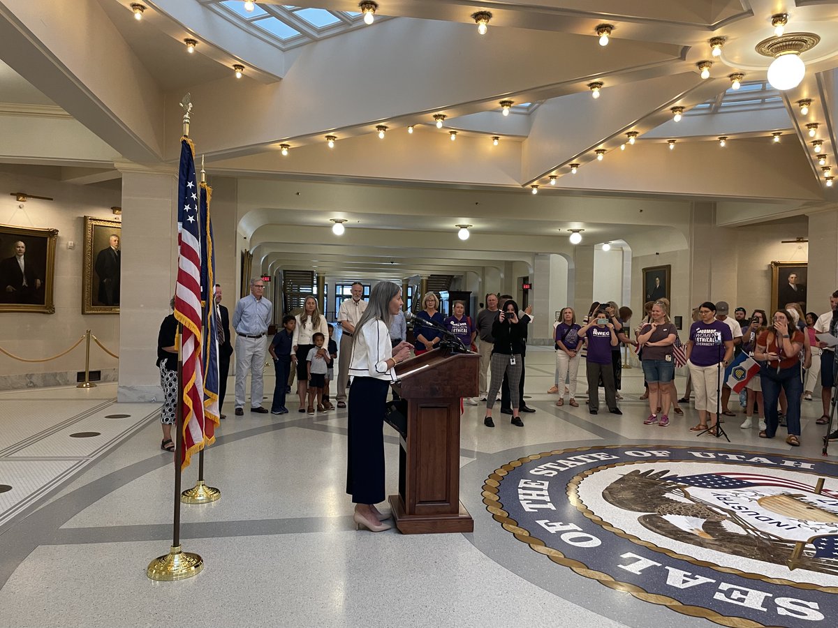 lwvsl's tweet photo. What better way to celebrate today's Utah Supreme Court ruling than with the plaintiffs who fought tirelessly against partisan gerrymandering? Thanks to everyone who came out to the Capitol today to acknowledge this triumph for voters! https://t.co/dljWsFidHH