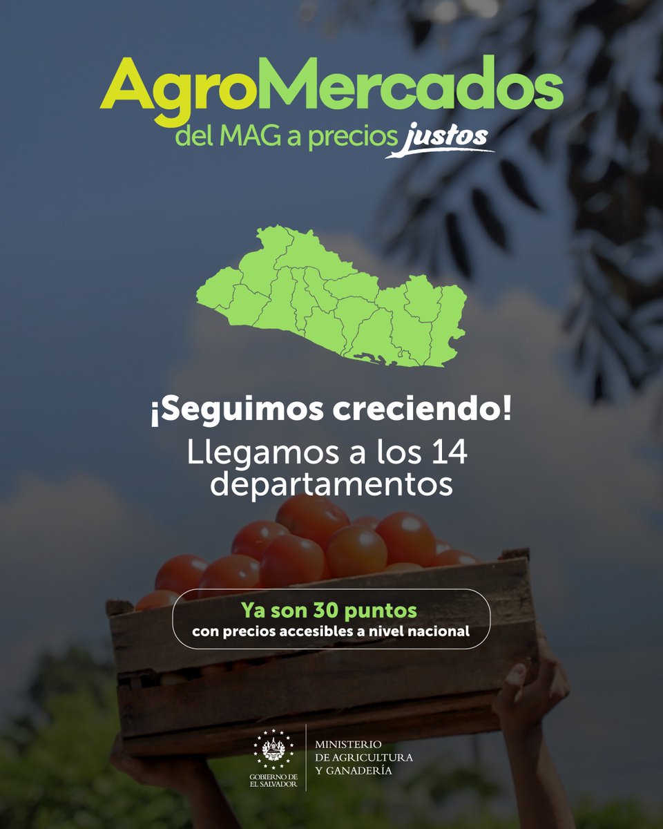 nayibbukele's tweet photo. ¡Los precios en los Agro Mercados bajan aún más!

Además, hemos abierto más Agro Mercados y a partir de mañana estaremos en todos los departamentos.

¡Pronto llegaremos a todos los municipios de nuestro país!

Precios y ubicaciones de los Agro Mercados, aquí👇🏼 https://t.co/PXCZVpZG6l