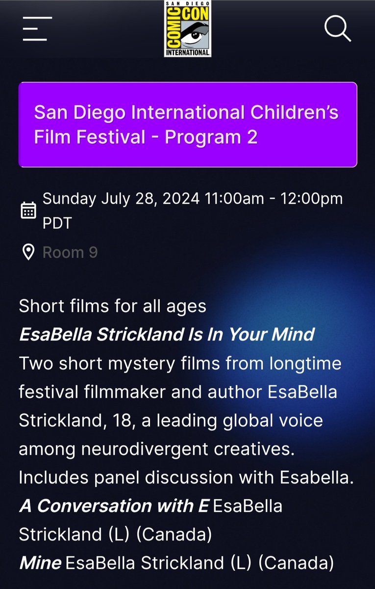 EsaBella Strickland Actress / Screenwriter π½π¬ (@esabellakarena) on Twitter photo Hope to see you @SDChildrensFilm <a href="/comiccon/">Comic-Con San Diego</a> looking forward to meeting <a href="/DaniMationEnt/">Dani Bowman</a> as part of a neurodivergent filmmakers panel July 28th Hope to see you @SDChildrensFilm <a href="/comiccon/">Comic-Con San Diego</a> looking forward to meeting <a href="/DaniMationEnt/">Dani Bowman</a> as part of a neurodivergent filmmakers panel July 28th