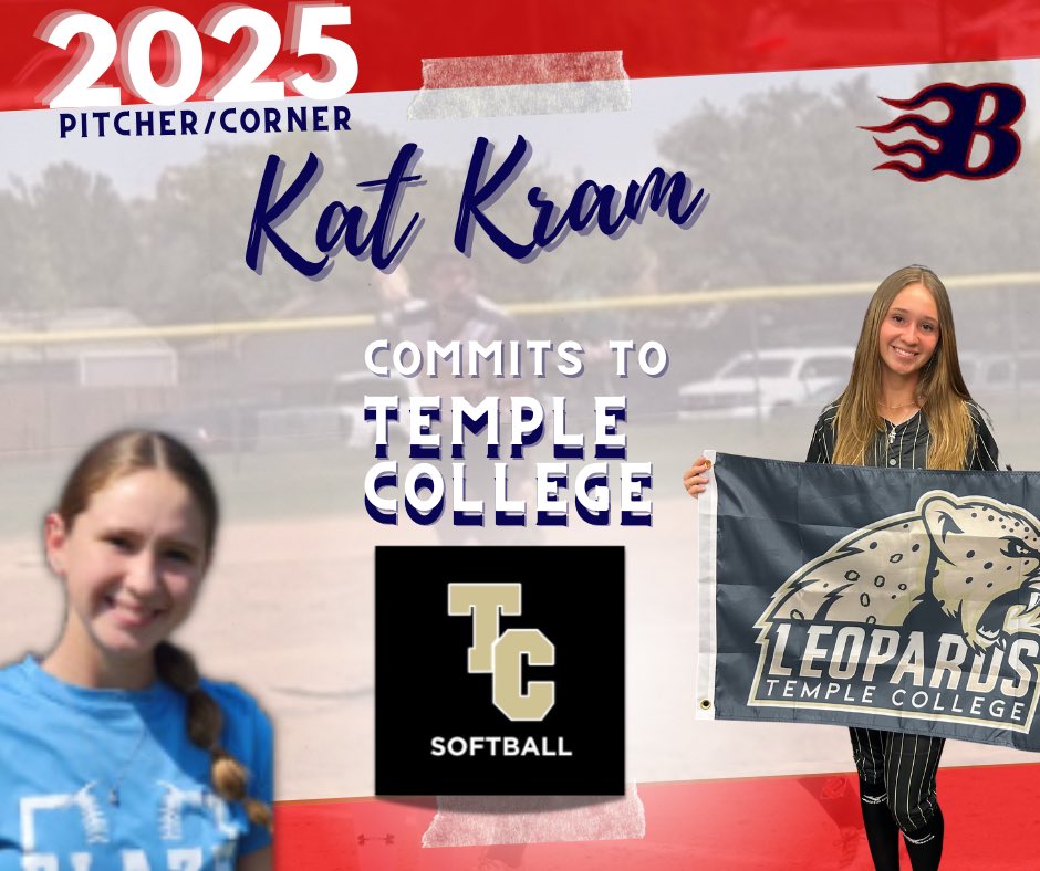BlazeFastpitch's tweet photo. 🚨COMMITMENT ALERT🚨
Shout out to 2025 Kat Kram from Texas Blaze 18U Gold KTX for committing to Temple College! We’re so incredibly proud of you! Way to go! 
#BlazeOn #bCommitted @SoftballTemple  @18UBlazeGoldKtx https://t.co/t0nJyM6DDm