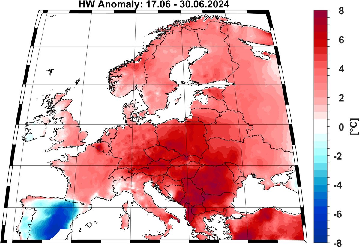 Dr. Monica Ionita 🇷🇴 🇩🇪 🇪🇺🌡🌧💧🔥🌊 (@ionitamoni) on Twitter photo <a href="/InfoclimaRo/">InfoClima Romania</a> And the "infamous" daily maximum #temperature anomaly associated to #heatwave 2 (HW2, 17.06 - 30.06.2024). No data so far for July to extended. On average more than 8°C #warmer than climatology over large areas in #Europe over almost 2 weeks. <a href="/InfoclimaRo/">InfoClima Romania</a> And the "infamous" daily maximum #temperature anomaly associated to #heatwave 2 (HW2, 17.06 - 30.06.2024). No data so far for July to extended. On average more than 8°C #warmer than climatology over large areas in #Europe over almost 2 weeks.