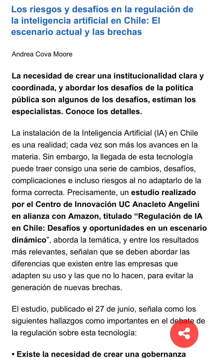 Los invitamos a leer la nota realizada por <a href="/Emol/">Emol.com</a>  acerca de la regulación del uso de la Inteligencia Artificial en Chile🇨🇱, junto con la entrevista realizada a nuestra subdirectora de Data y Estudios Trinidad Álvarez👏🏻🥳

Lee la nota completa aquí: comentarista.emol.com/2294117/301386…