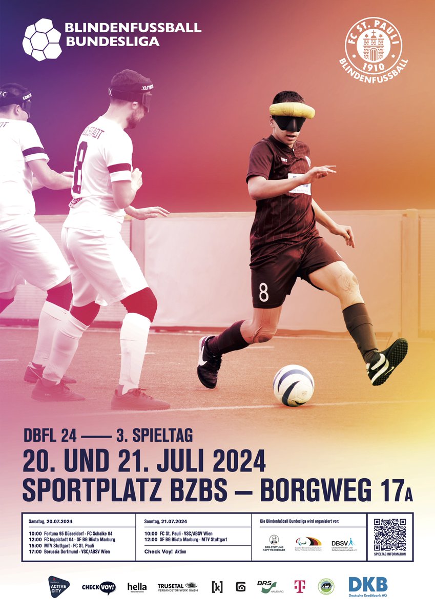 In einer Woche ist es soweit: 
Der 3. Bundesligaspieltag findet bei uns in Hamburg am 20.+21. Juli statt!
Kommt alle - Eintritt ist frei und action garantiert!
#fcsp #blindenfußball #bundesliga #hamburg #activecity #BRSH #checkvoy #ProWeideland #telekom #DKB