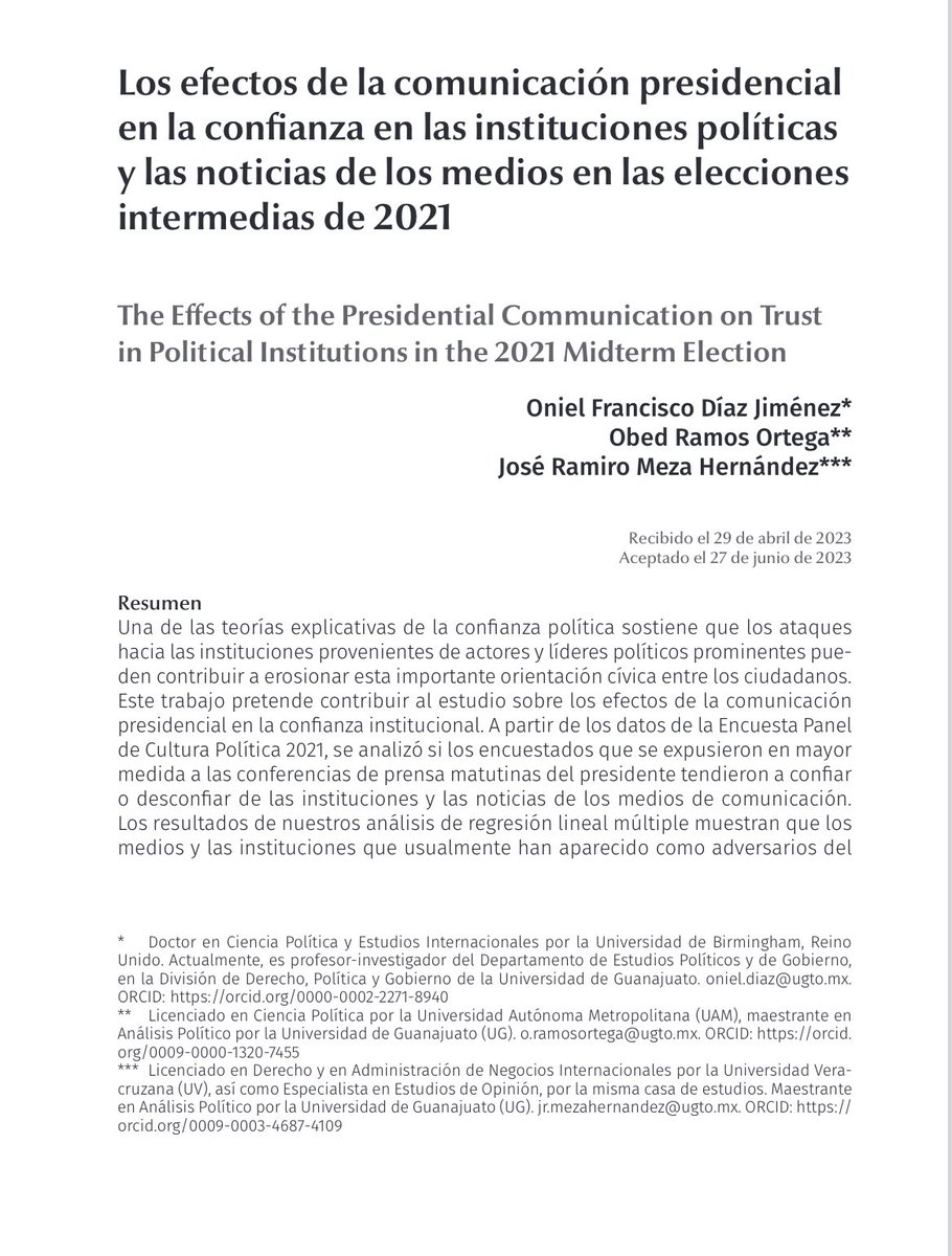 La confianza política es una importante categoría para el análisis político.

Sostiene que los ataques hacia las instituciones provenientes de actores y líderes políticos prominentes pueden contribuir a erosionar el compromiso cívico de los ciudadanos.

Recomiendo 👉🏼 el paper de