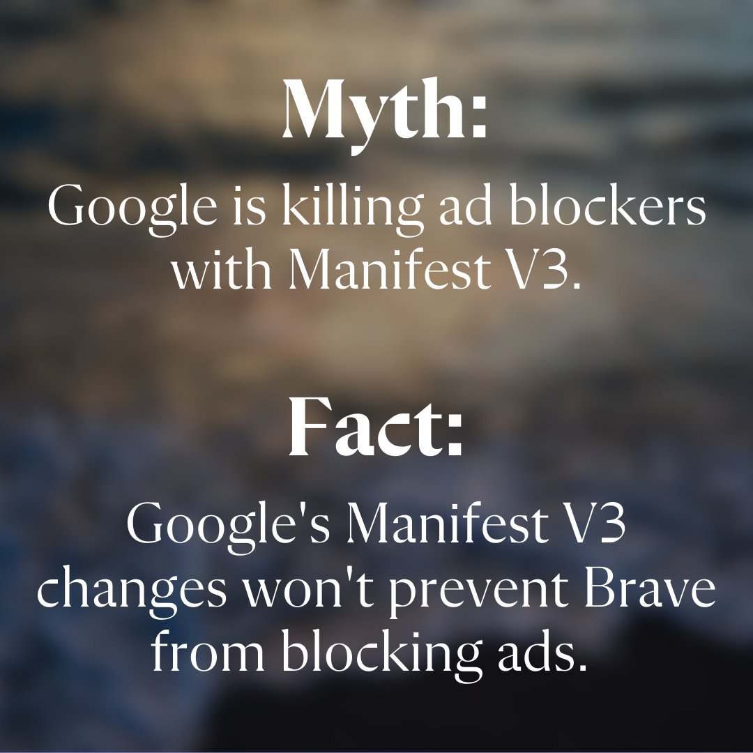 brave's tweet photo. Google plans to weaken ad blocker extensions with its Manifest V3 changes but won't be able to stop Brave's built-in protections. 

Switch to our browser to keep blocking ads and trackers! https://t.co/8r0g6eOXNp