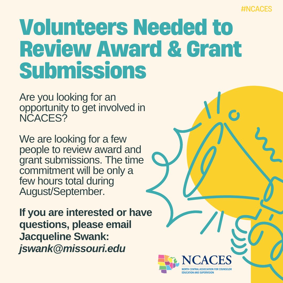 Are you looking for an opportunity to get involved in NCACES? We are looking for a few people to review award &amp; grant submissions. The time commitment will be only a few hours during Aug/Sept.

Interested? Questions? Please email Jacqueline Swank: jswank@missouri.edu

#NCACES