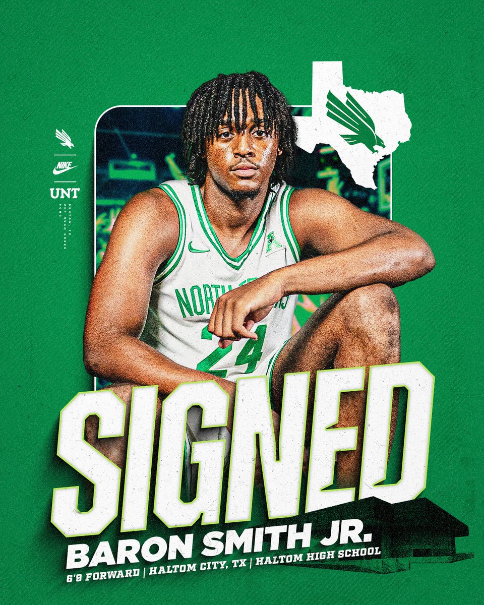 UNT Basketball (@meangreenmbb) on Twitter photo 𝐎𝐟𝐟𝐢𝐜𝐢𝐚𝐥𝐥𝐲 𝐒𝐢𝐠𝐧𝐞𝐝
✍️ <a href="/Baron_SmithJr/">Baron Smith Jr</a>
Mean Green Nation, please join us in welcoming Baron!
🟢 Texas 6A's leading rebounder
🟢 Haltom High School's all-time leading rebounder
🟢 2024 First Team All-District
📝northtex.as/3Yig4Cf
#GMG 𝐎𝐟𝐟𝐢𝐜𝐢𝐚𝐥𝐥𝐲 𝐒𝐢𝐠𝐧𝐞𝐝
✍️ <a href="/Baron_SmithJr/">Baron Smith Jr</a>
Mean Green Nation, please join us in welcoming Baron!
🟢 Texas 6A's leading rebounder
🟢 Haltom High School's all-time leading rebounder
🟢 2024 First Team All-District
📝northtex.as/3Yig4Cf
#GMG