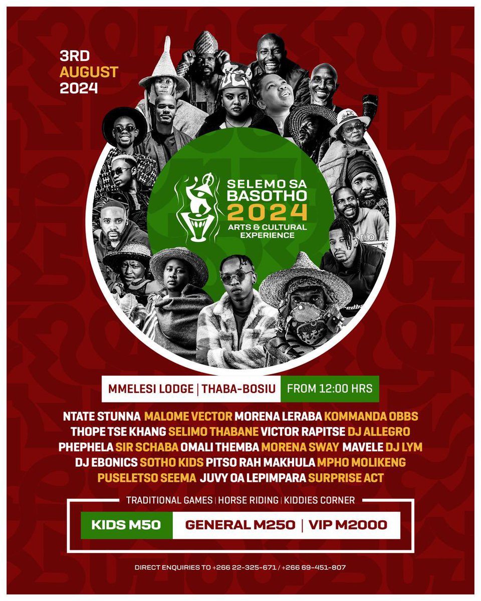 🚨🚨 THE FINAL LINEUP🚨🚨

Thank you to everyone who has been giving us support . We genuinely appreciate the love. See you on the 3rd of August.

TSA TLOHA!

#basothoartsandculturalexperience
#selemosabasotho2024
#SelemoSaBasotho
#sirsechaba #pistorahmakhula
#juvy #djebonics